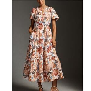 Anthropologie Somerset Maxi Dress Botanical Tiered Smocked Pockets SZ S